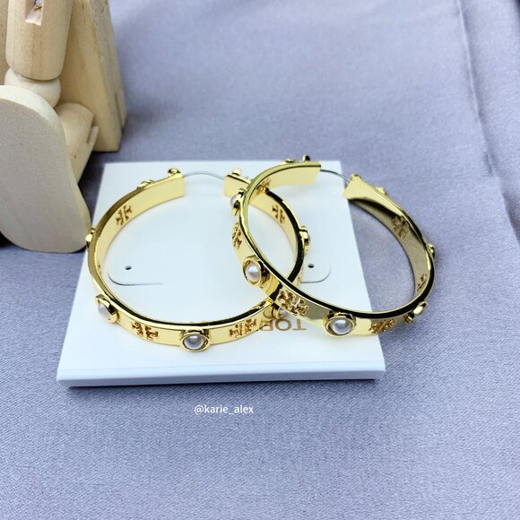 Tory Burch Pierced Pearl Hoop Earrings - GOLD with Dust Bag - Picture 3 of 4